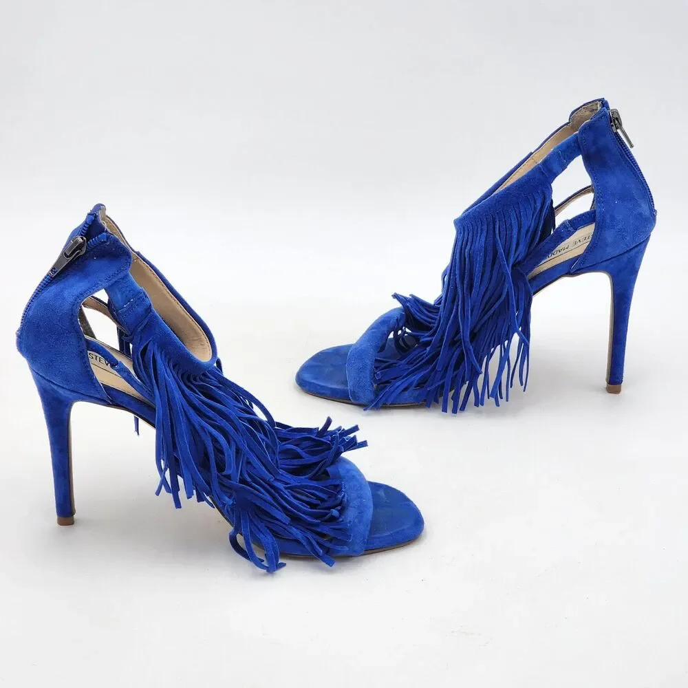 Steve Madden Fringly Funky Fringe Suede Pump Heels Boho Glam Royal Blue Size 9